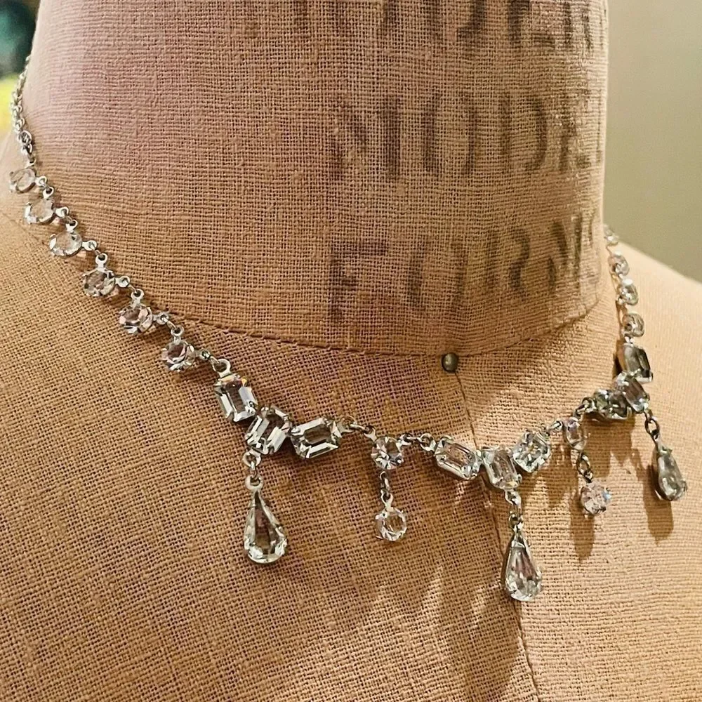 ♥️ Necklace 1950s CUBIC ZIRCONIA Rhinestone Choker, bridal, formal, price firm